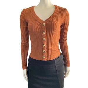 Aeropostale Ribbed Button Front Blouse Stretch Knit Burnt Orange Size S